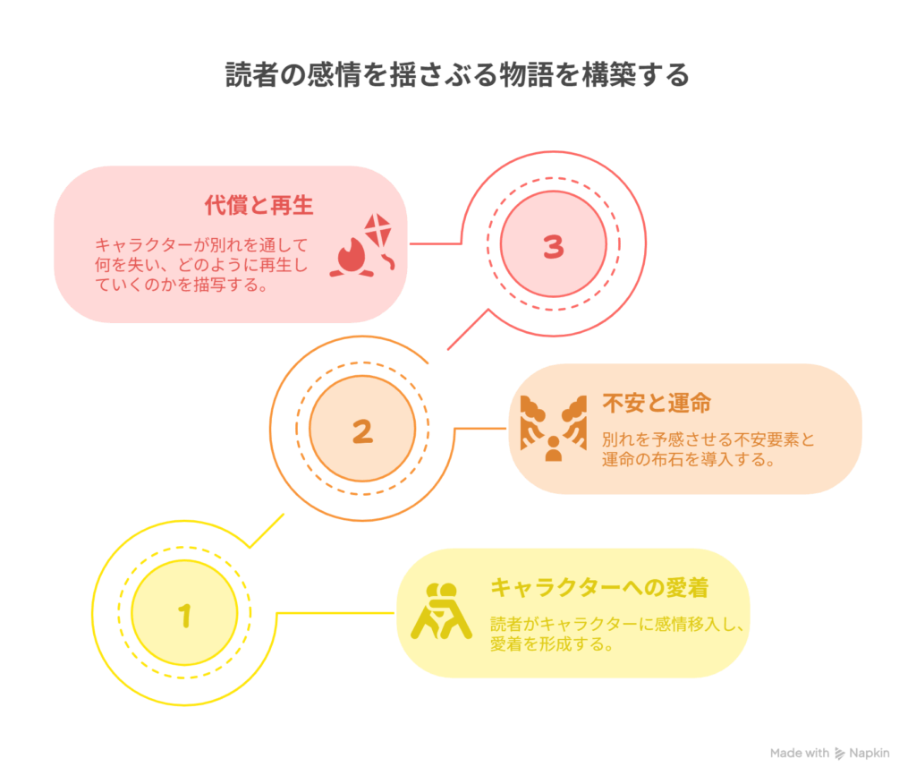 序盤→キャラ愛着を形成 ✔ 中盤→不安と運命を布石 ✔ 終盤→代償と再生がテーマに ⇒「読者の心がいちばん揺れる“別れ”のフェーズ」に突入してる