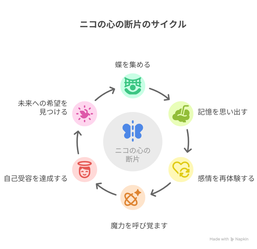 蝶＝ニコの心の断片（記憶＋魔力） ✔ 世界に散らばった理由＝再生の布石 → 蝶を集める＝自分自身と向き合うプロセス