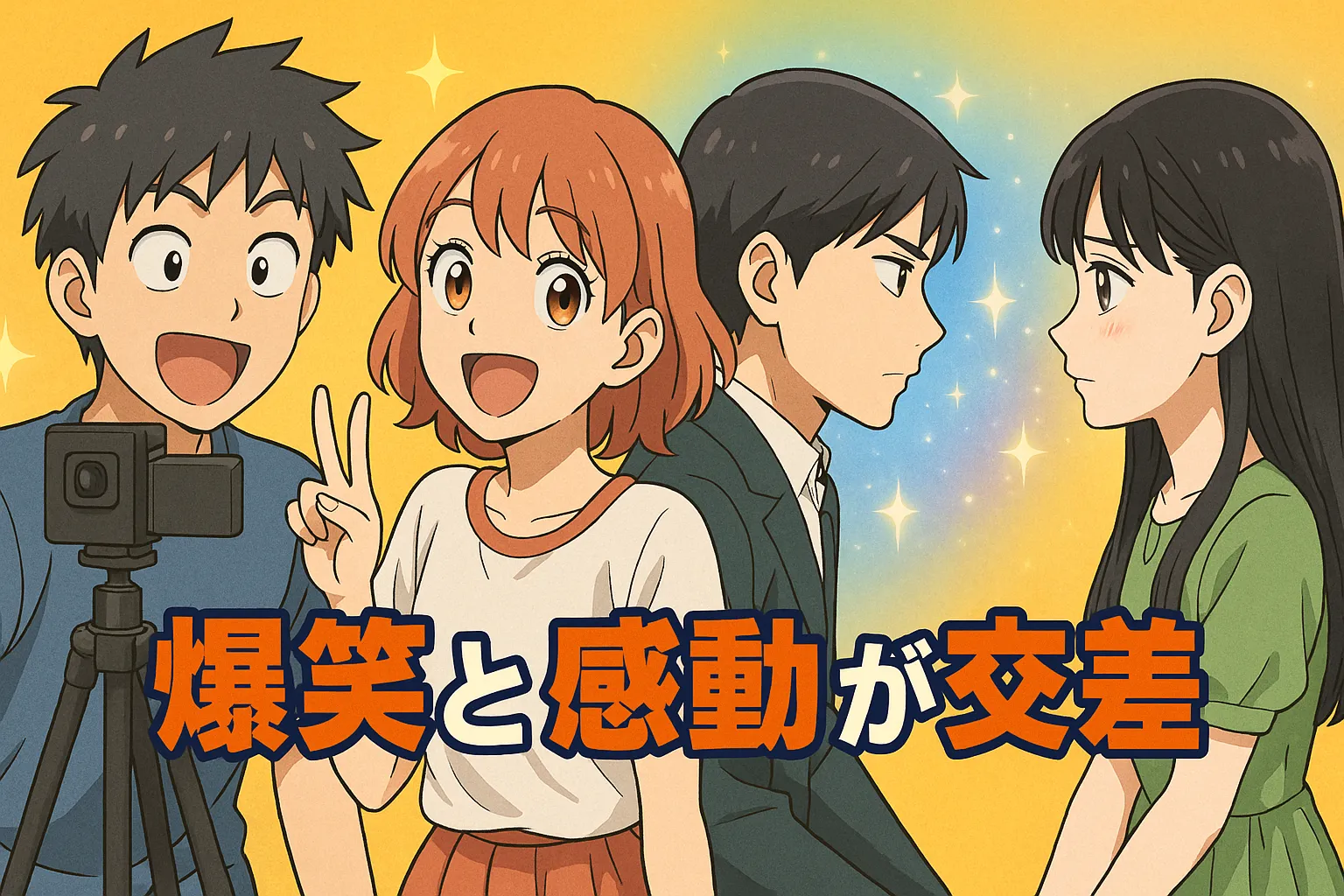 ウィッチウォッチ第7話のアイキャッチ画像。カンシとニコが動画撮影する爆笑シーンと、モリヒトと涼華が向き合う感動的なシーンが対比的に描かれている。中央に『爆笑と感動が交差』の文字