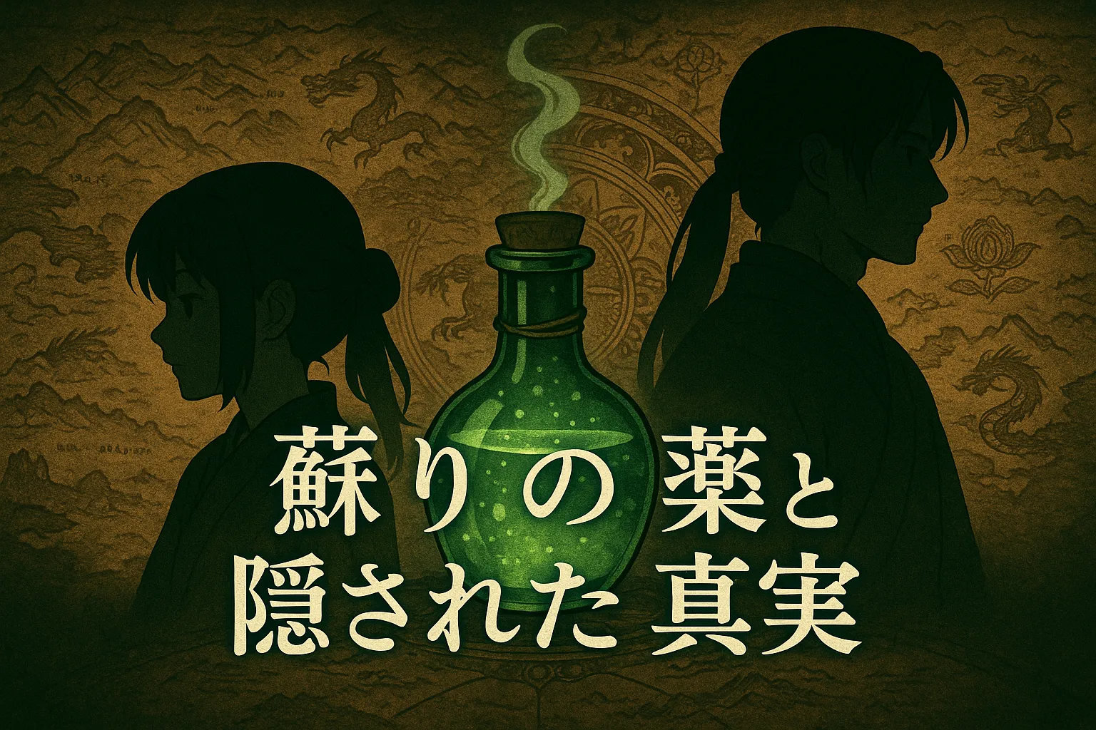 緑に光る薬瓶を中央に据え、左右に猫猫と壬氏のシルエットが描かれた幻想的な背景に、古代地図や龍の文様が広がる。タイトル『蘇りの薬と隠された真実』が和風フォントで配置されているアイキャッチ画像。」