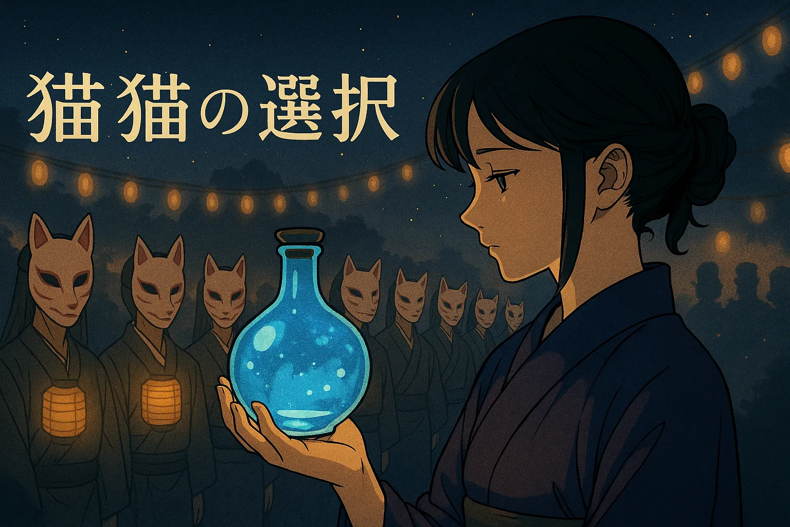 「狐面をつけた人々が行き交う夜祭の中、青く輝く薬瓶を見つめるキャラ。背景にはお面をかぶった人物の影が浮かび上がり、幻想的な雰囲気が広がる」
