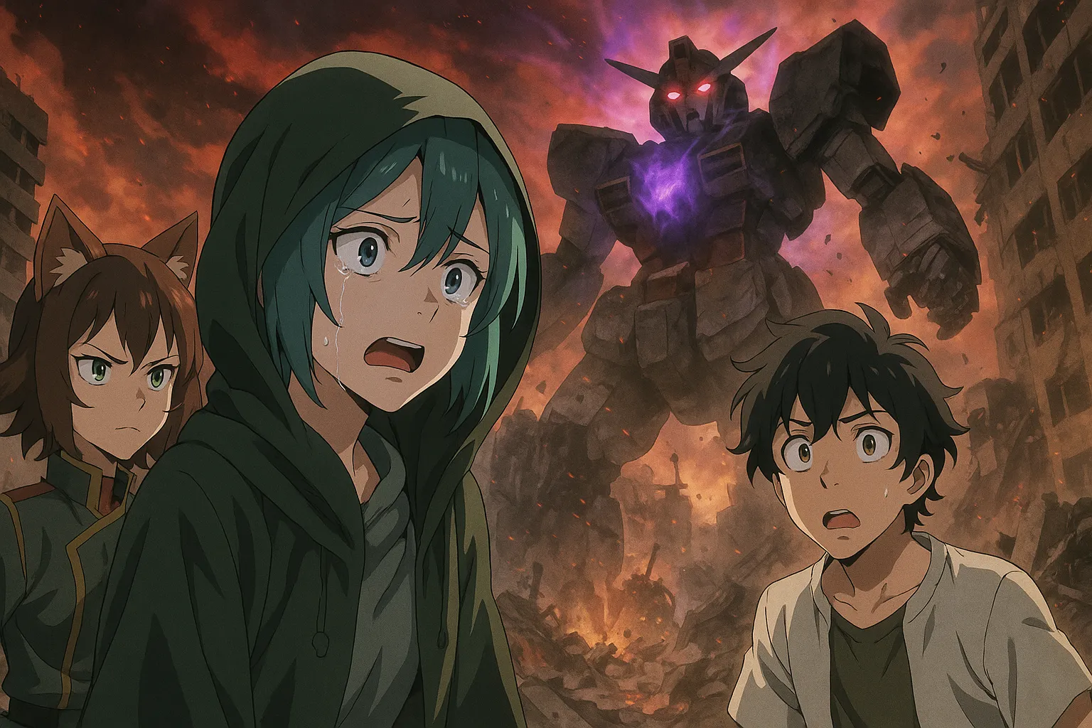 炎と瓦礫に包まれた都市を背景に、巨大な黒と白のガンダム風モビルスーツが暴走。手前には涙を流しながら動揺するフード姿の少女と、驚愕する少年、警戒する猫耳の少女が描かれ、緊迫した状況を表現しているアニメ風イラスト。