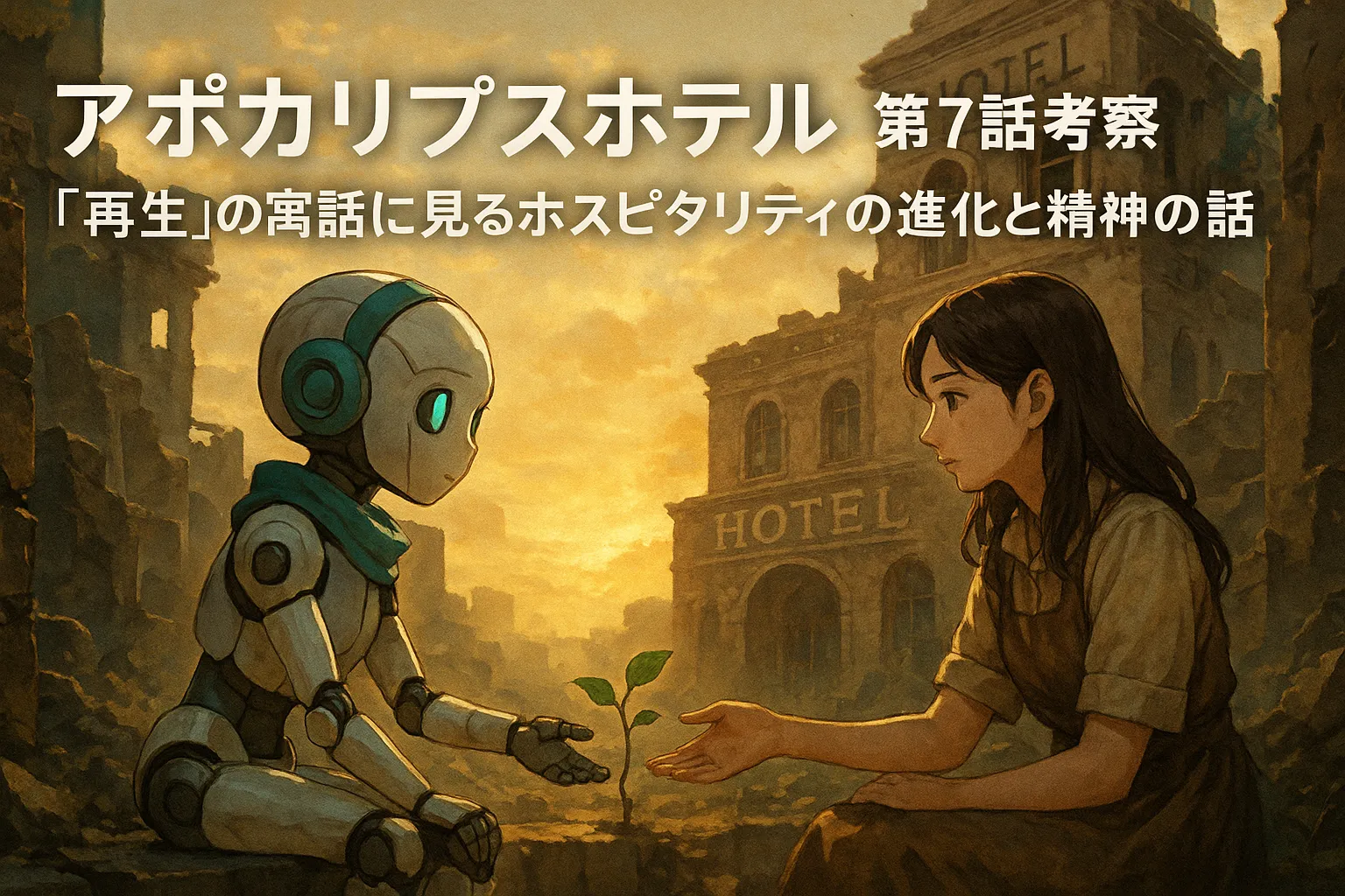 荒廃したホテルの前で、ロボットの少女と人間の女性が向かい合い、芽吹いた若葉に手を伸ばし合うシーン。終末の世界に差し込む柔らかな光が、ホスピタリティと“再生”の希望を象徴している。