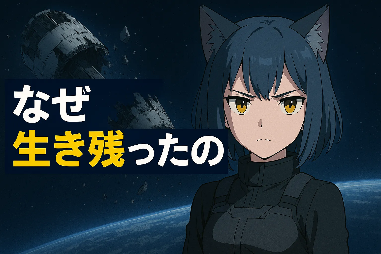アニメ調の少女キャラクター（ニャアン風）が宇宙服風の黒いスーツを着て無表情に前を見つめている。背景には宇宙空間と崩壊したスペースコロニーが漂い、地球が遠くに見える。画像左側には「なぜ生き残ったの」と大きく書かれた日本語のテキストが配置されている。