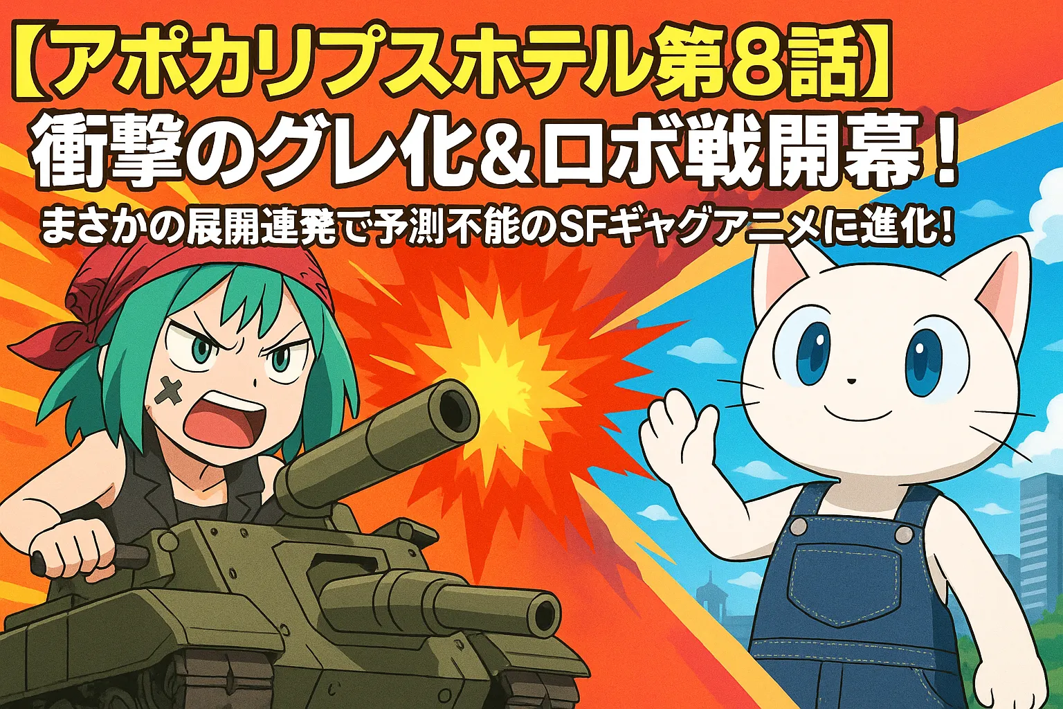 アポカリプスホテル第8話のアイキャッチ。左側にはスケバン風にグレた緑髪のヤチヨが戦車に乗って登場、右側には笑顔の猫型ロボット・ポンコが晴れた空を背景に手を振る。中央には爆発エフェクトと共に『衝撃のグレ化＆ロボ戦開幕！』の文字