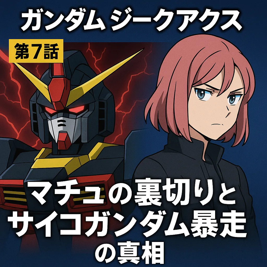 ガンダムジークアクス 第7話」というタイトルと共に、右側には真剣な表情のピンク髪の女性キャラクター、左側には赤い稲妻を背景に不気味に光る目をしたロボットが描かれた印象的なアニメ風イラスト。中央には「マチュの裏切りとサイコガンダム暴走の真相」というテキストが力強く配置されている。