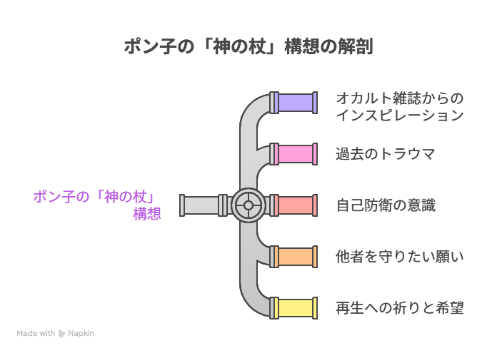 ポン子の神の杖構想に関するマインドマップ。オカルトからの着想、過去のトラウマ、自衛意識、他者を守る願い、そして再生への希望といった要素が放射状に整理されている図。