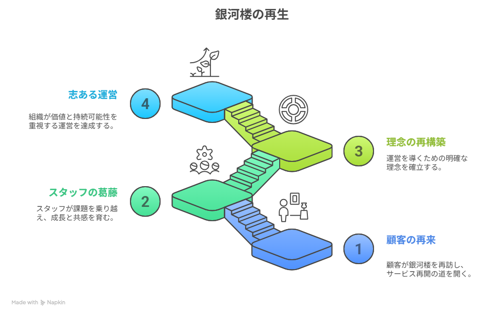 銀河楼の再生プロセスを3層構造で図解。顧客の再来、スタッフの葛藤と成長、理念の再構築が段階的に描かれている。
