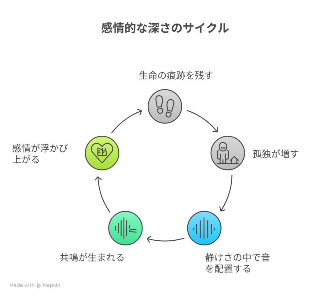 - A [命の気配を残す] → B [孤独の深さが増す]
- A [静けさの中に音を配置する] → B [余韻が生まれる]
- A [生と死が同居する風景] → B [感情が浮かび上がる]