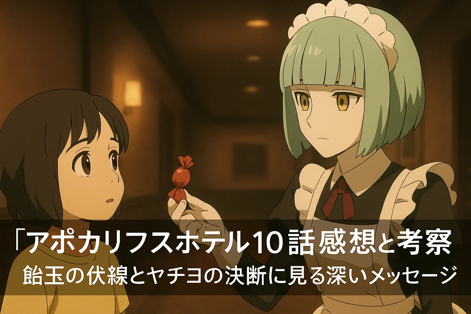 「ロボットのメイドが少女に赤い飴玉を差し出す、薄暗いホテルの廊下での静かなワンシーン」を表現したアイキャッチ画像