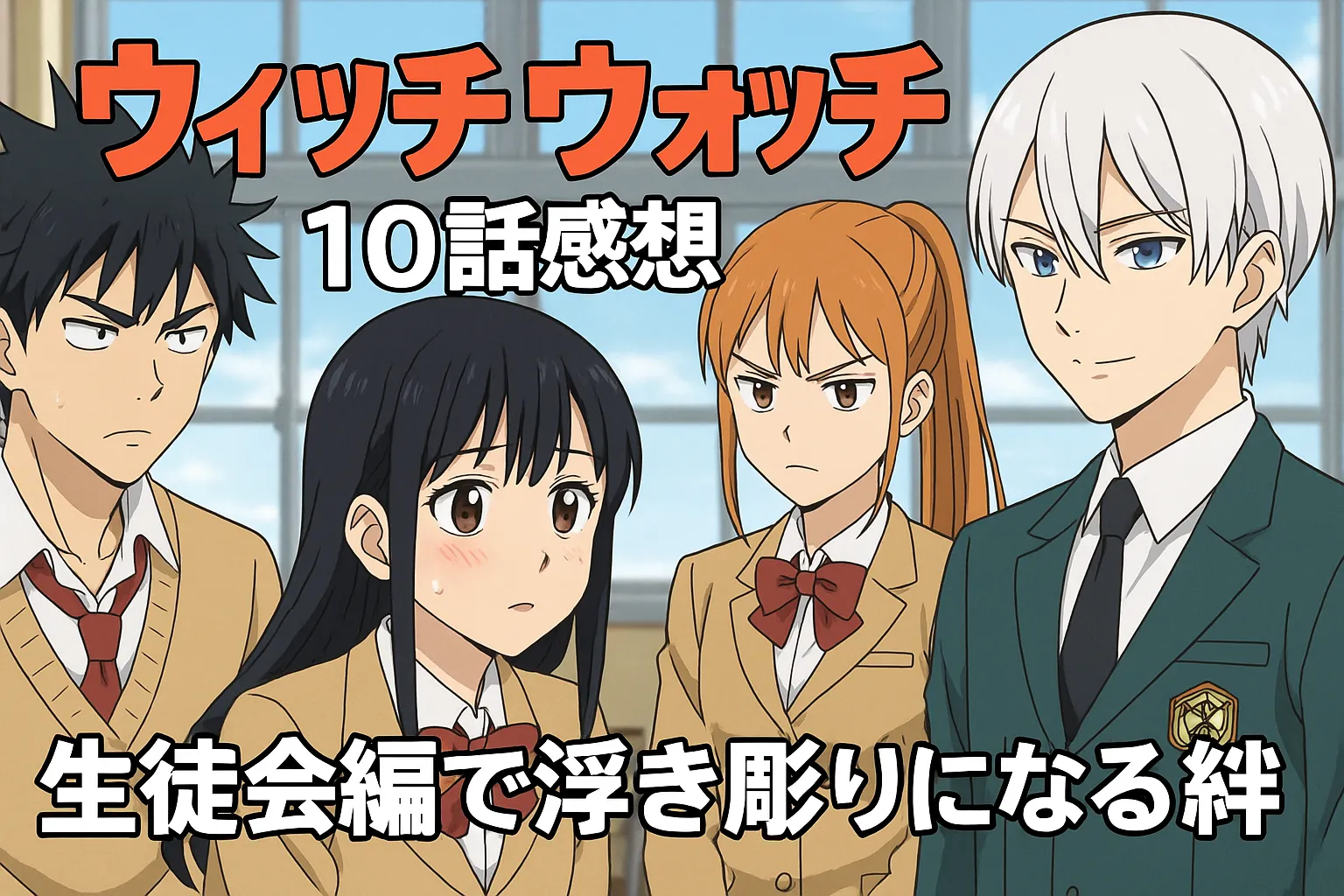 「ウィッチウォッチ」第10話の感想記事用アイキャッチ画像。教室を背景に、制服姿の高校生4人（黒髪の少女、茶髪の少女、黒髪の少年、白髪の少年）が並び立ち、互いに感情を交差させるような表情を浮かべている。画像上部に赤字で「ウィッチウォッチ」、中段に白字で「10話感想」、下部に「生徒会編で浮き彫りになる絆」と書かれている。