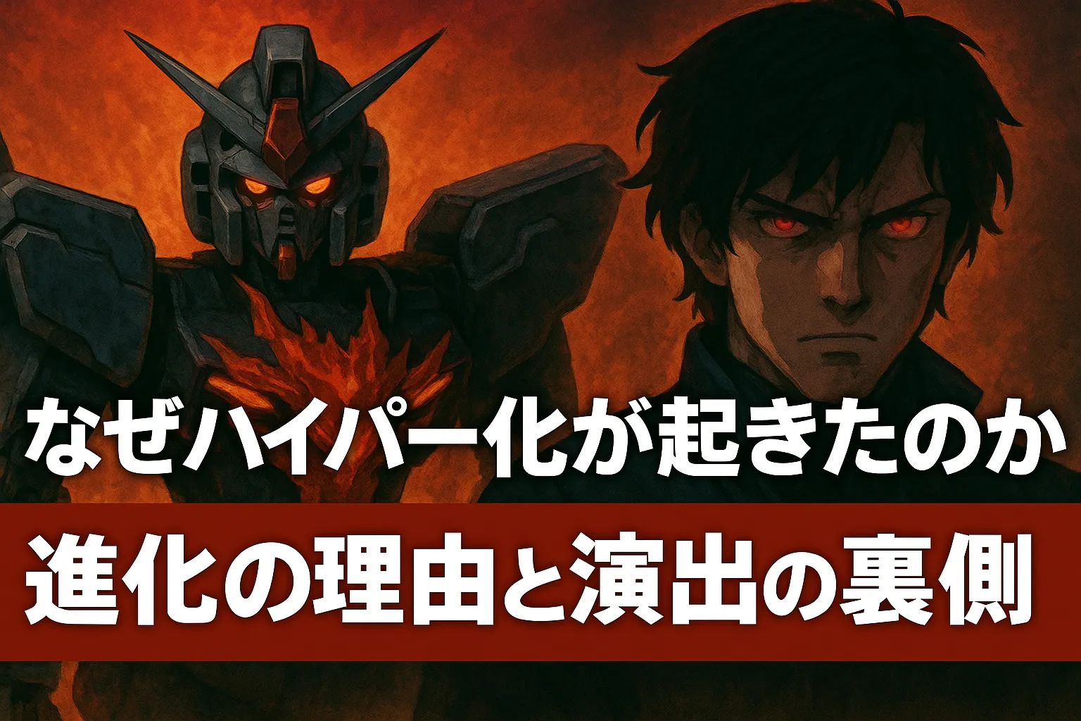 炎を背景に、禍々しい赤いコアを持つガンダムと赤く光る目の男性キャラクターが並ぶ。画像には「なぜハイパー化が起きたのか」「進化の理由と演出の裏側」という日本語のテキストが描かれている。ガンダム作品の演出や進化をテーマにした印象的なビジュアル。