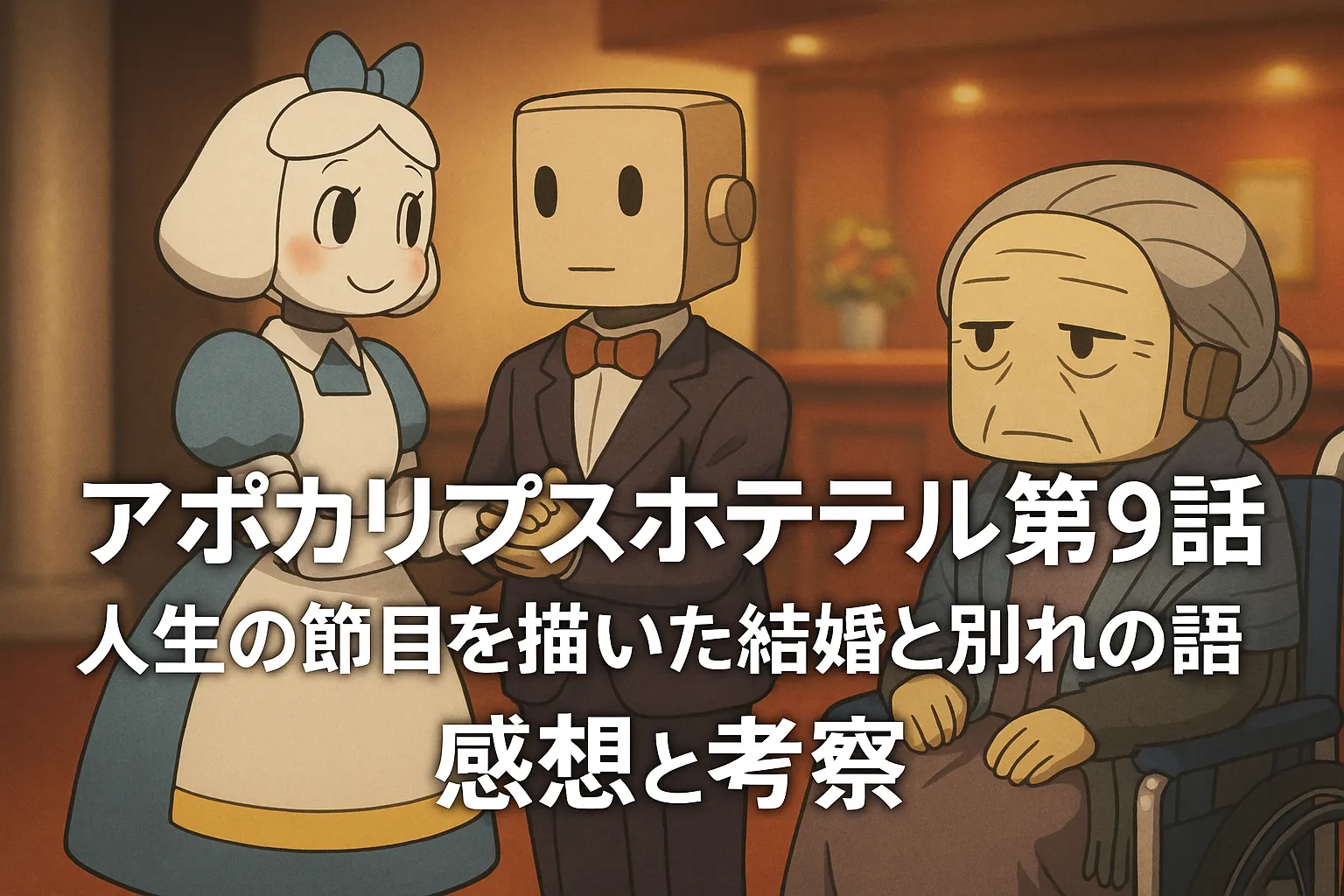 アポカリプスホテル第9話のアイキャッチ画像。ホテルのロビーで、ポン子とポンスティンが手を取り合い、車椅子に座ったムジナが微笑んで見守る感動的なワンシーン。