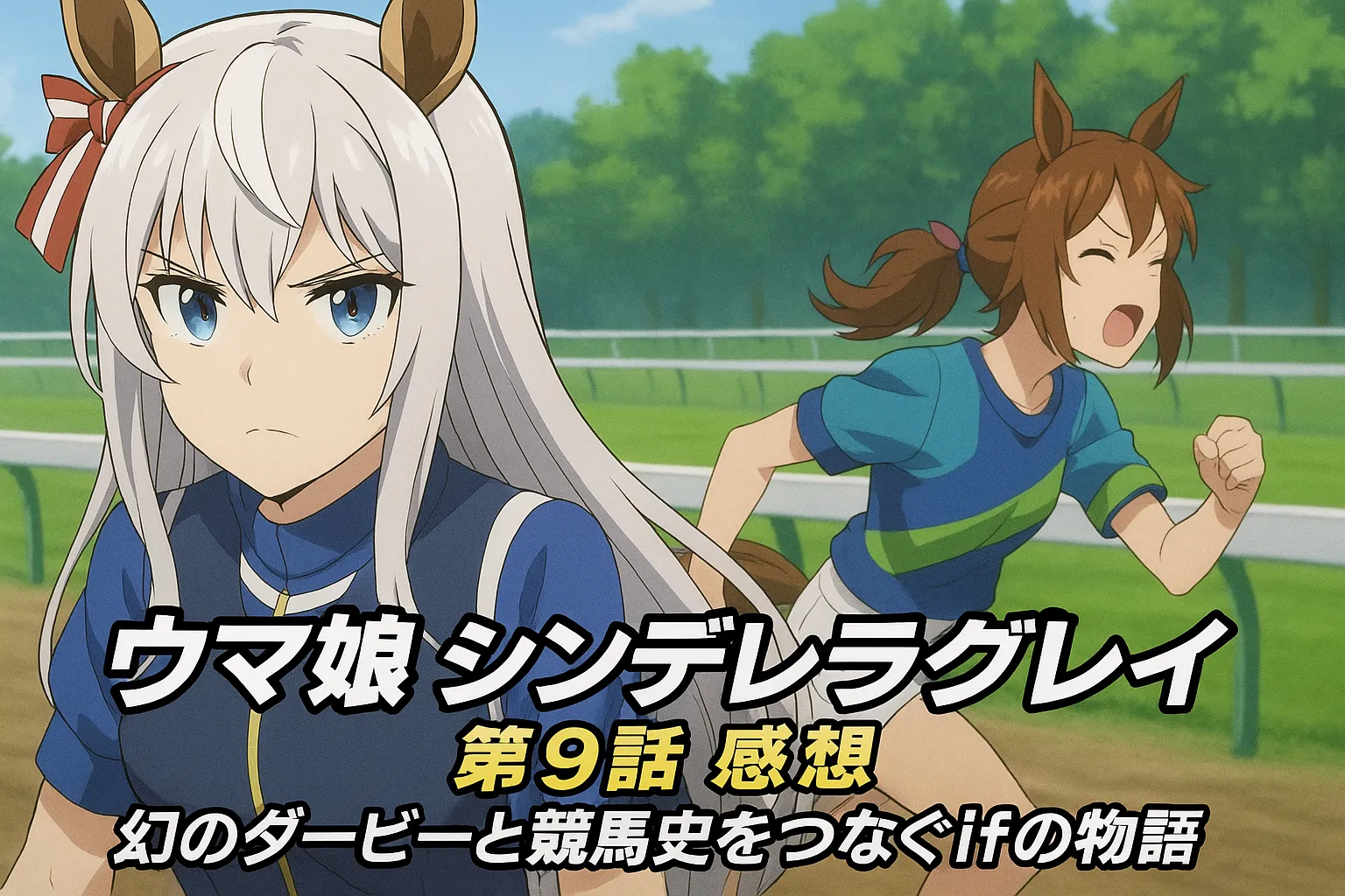 「ウマ娘 シンデレラグレイ」第9話のアイキャッチ画像。白い髪のオグリキャップが真剣な表情で前を見つめ、後方には別のウマ娘が疾走している。画面下部には『第9話 感想｜幻のダービーと競馬史をつなぐifの物語』というテキストが小さめに配置されている。