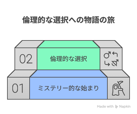  [ミステリー的な始まり] → [倫理的な選択へとジャンルが変容]図解