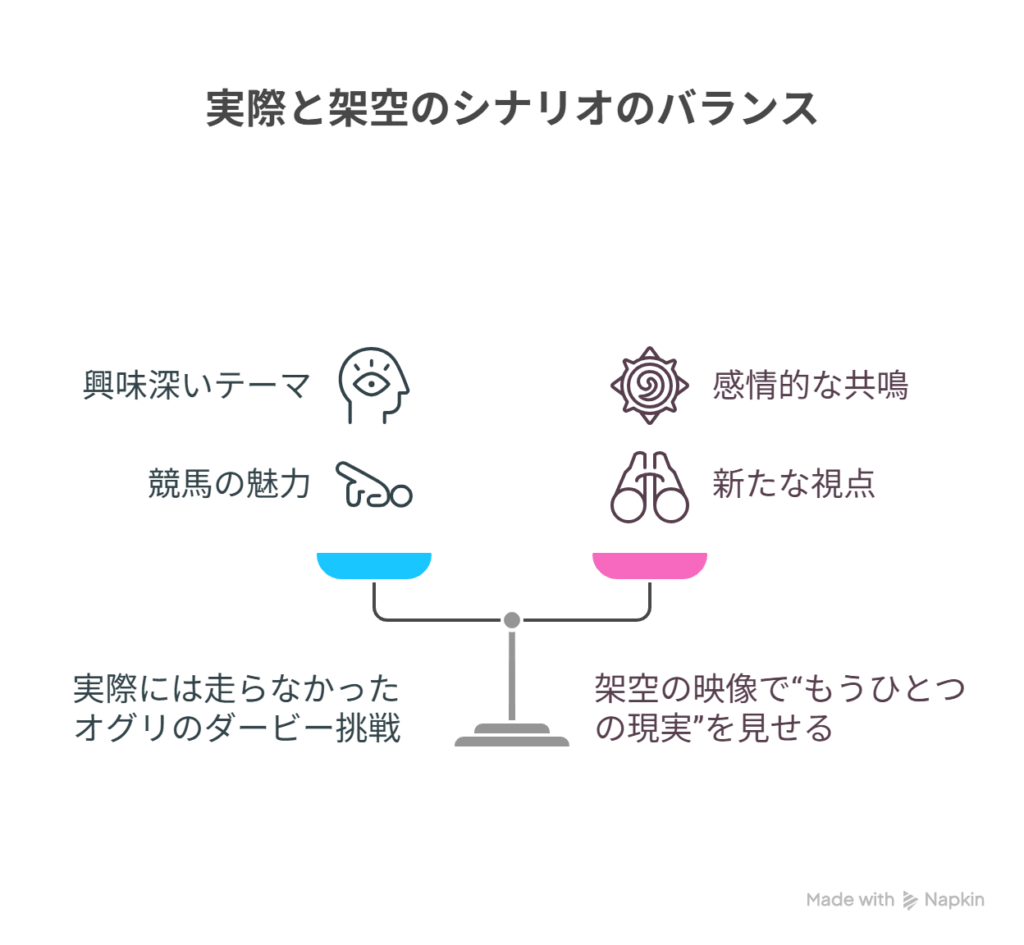 - A［実際には走らなかったオグリのダービー挑戦］ → B［架空の映像で“もうひとつの現実”を見せ、視聴者に問いかける構造］