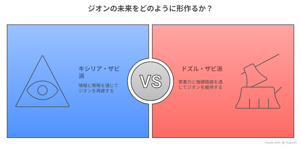 - A [ギレン亡き後の混沌] → B [誰が「未来」の形を定義するかという主導権争い]