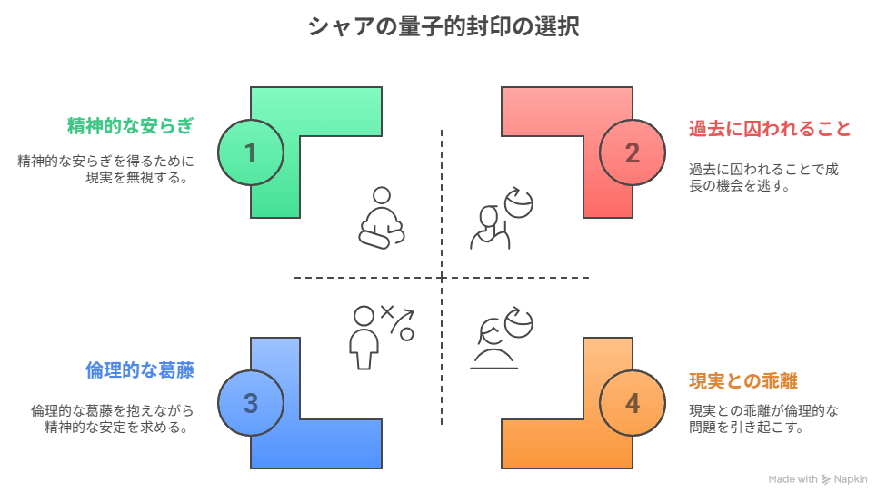 - A [ララァを取り戻せないシャア] → B [量子的封印で“失わない”選択をとる]