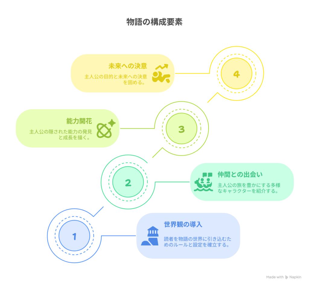 [第1話〜5話で世界観の導入] → B [6話以降で仲間と能力が芽吹き、未来への決意へ