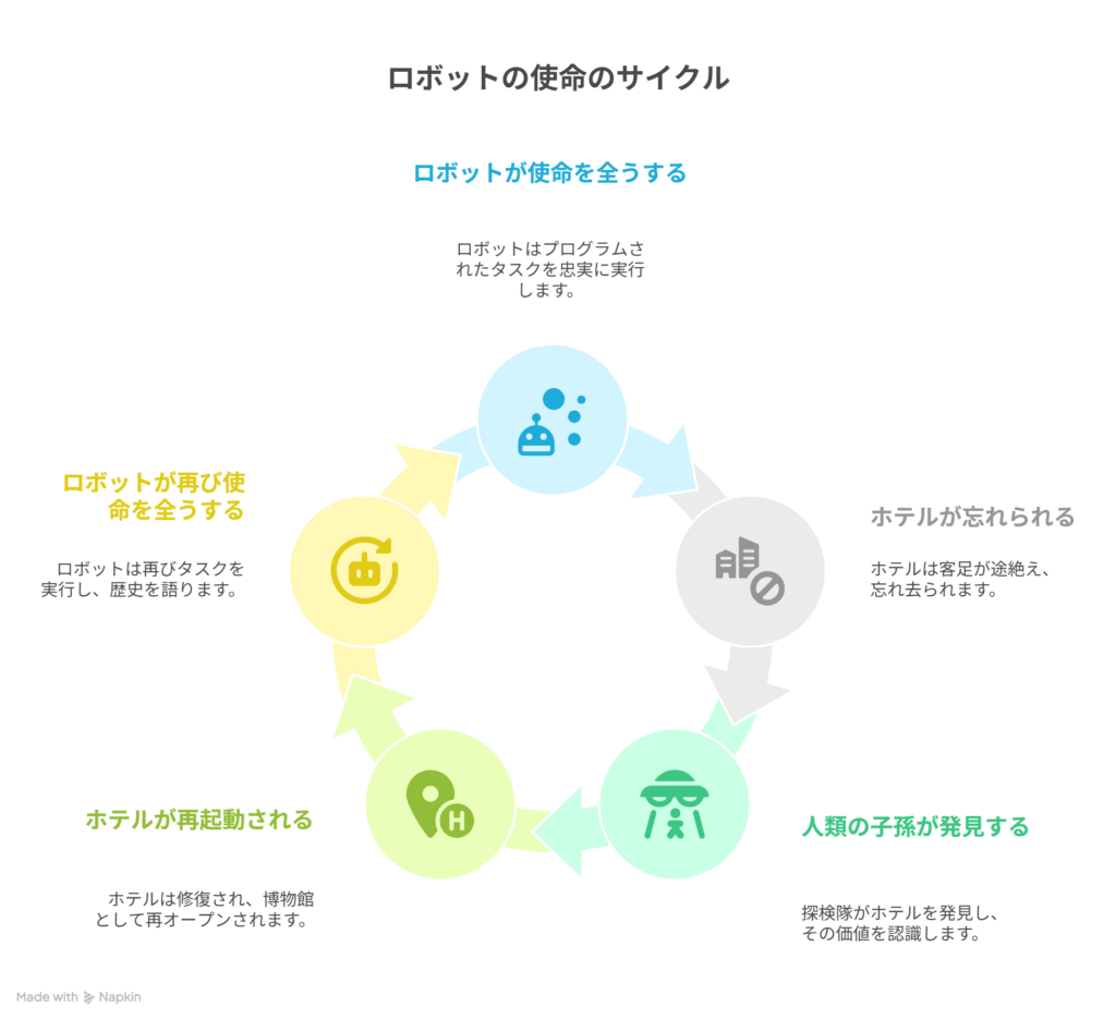 - A [客の来ないホテルで使命を全うするロボットたち] → B [人類の子孫によりその価値が可視化され、ホテルが再起動]