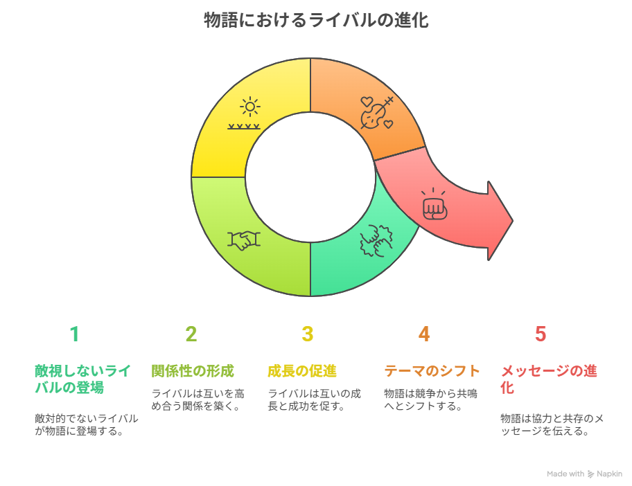 ［敵視しないライバル登場］→ ［互いの存在を高め合う関係性形成］→ ［物語が“競争”から“共鳴”へシフト］