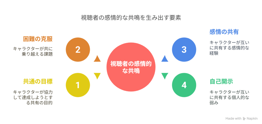 - A [日常に慣れた視聴者] → B [キャラたちの関係性の深化に心が動く]