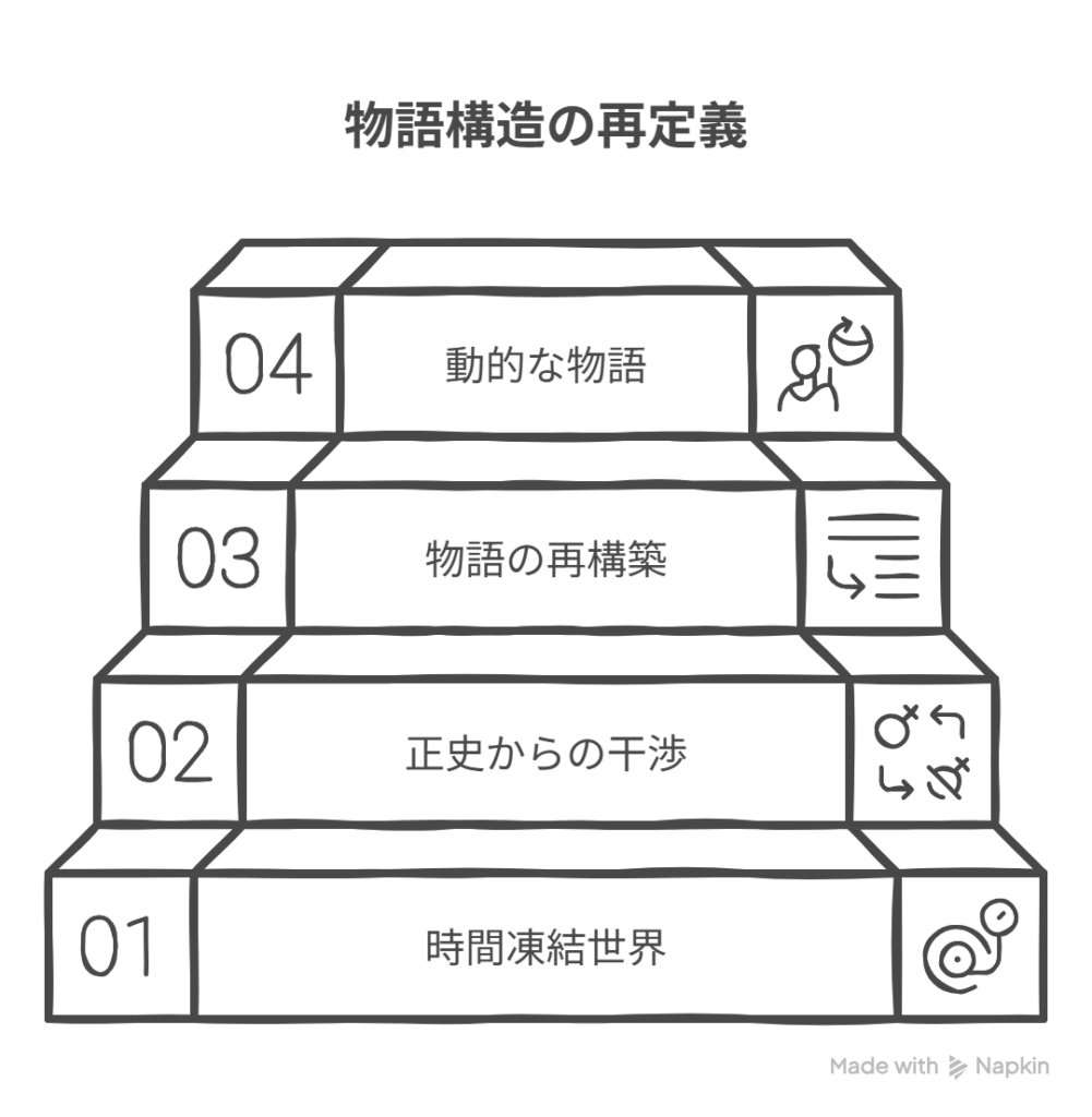 [時間が凍結された世界] → B [正史からの干渉によって物語構造が再定義]