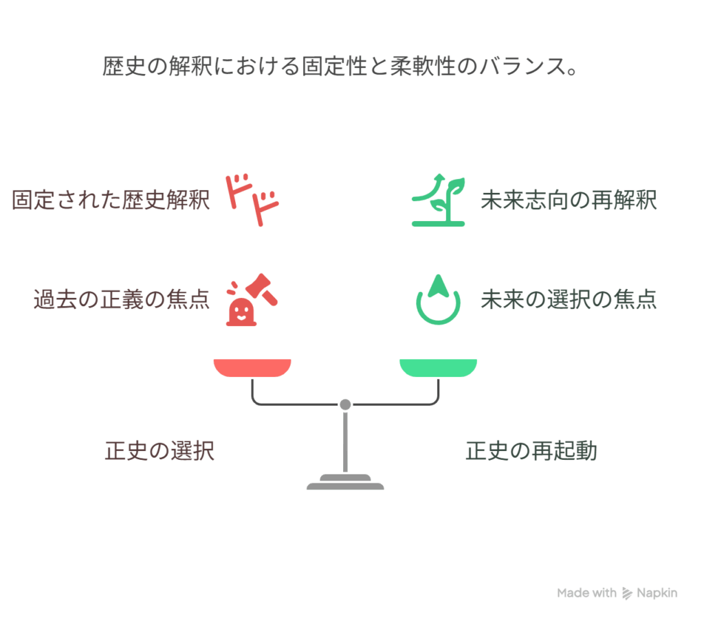 - A [正史の選択＝正義の実行] → B [正史の再起動＝望む未来の選択]