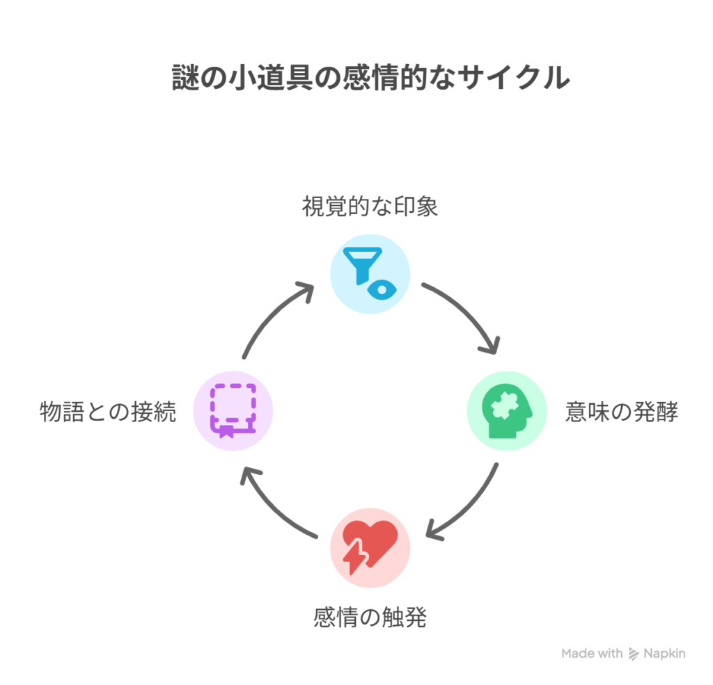 - A [謎の小道具が視覚に刻まれ続ける] → B [視聴者の内側で意味が発酵し、感情へと転化]