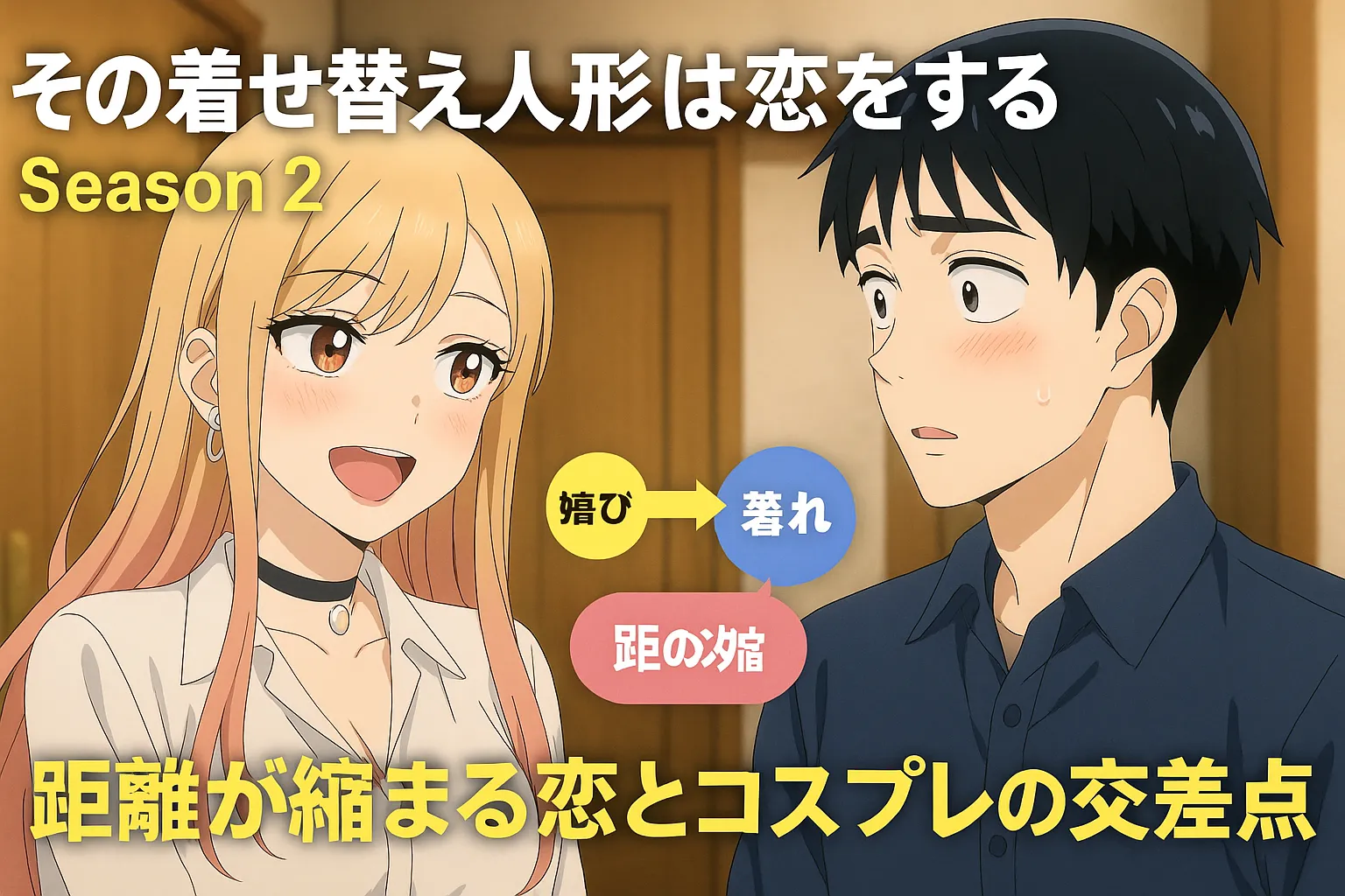 その着せ替え人形は恋をする Season2 第1話｜喜多川海夢と五条新菜が感情を交差させる様子を描いた図解付きビジュアル。喜び・照れ・戸惑いが交差し、恋とコスプレの距離が縮まる瞬間を表現。