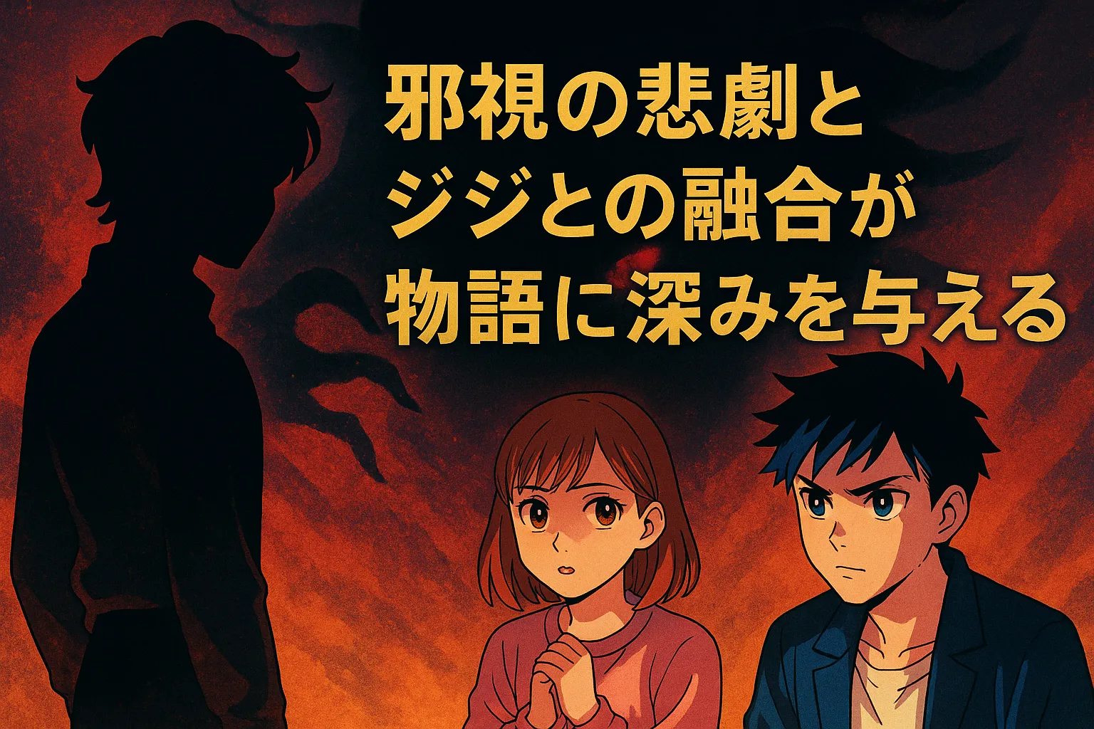 アニメ『ダンダダン』第14話の考察記事用アイキャッチ画像。炎のような背景に、ジジを模した人影とモモ、オカルンをイメージさせる3人が登場し、上部には「邪視の悲劇とジジとの融合が物語に深みを与える」というタイトルテキストが配置されている。