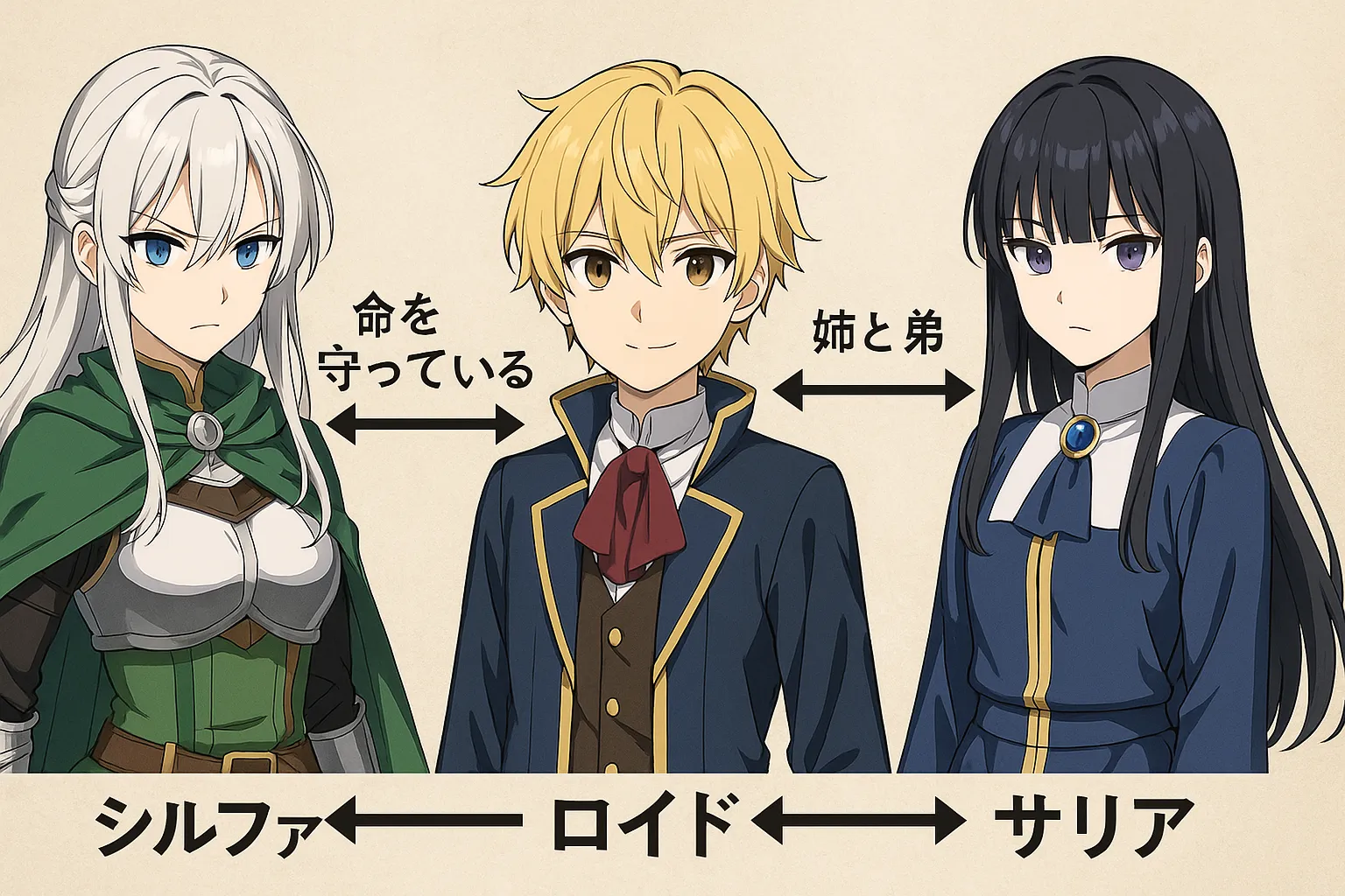 アニメ風のキャラクター3人が横に並ぶイラスト。左には銀髪の騎士風の女性（シルファ）、中央には金髪の少年（ロイド）、右には黒髪の落ち着いた雰囲気の女性（サリア）が描かれている。背景は淡いベージュ色で、各キャラクターの間には相互の関係性を示す矢印が配置されている。シルファはロイドを見つめるように立ち、サリアは冷静な表情でロイドの隣にいる。 ご希望で矢印やキャラ位置の補足をさらに加えることもできます。
