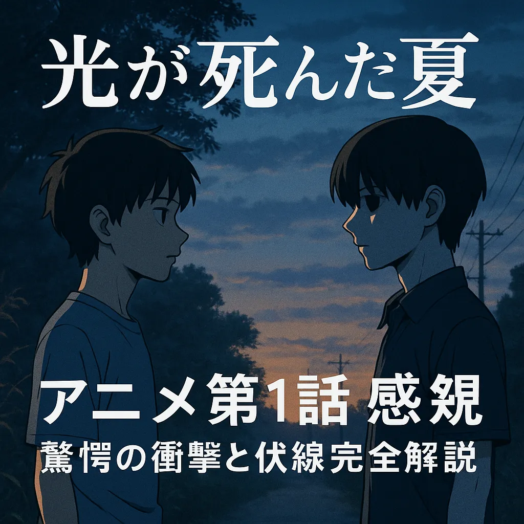 「光が死んだ夏」アニメ第1話の感想記事用アイキャッチ画像。夕暮れの田舎道を背景に、向かい合う少年2人のアニメ風イラストが描かれており、不穏でノスタルジックな雰囲気。画面には『光が死んだ夏 アニメ第1話 感想｜驚愕の衝撃と伏線完全解説』の文字が配置されている。