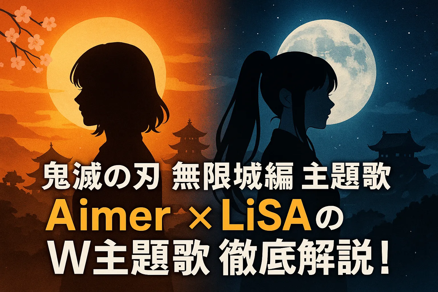 鬼滅の刃 無限城編の主題歌を象徴するアイキャッチ画像。左側は夕焼けと桜が舞う和風の背景にAimerのシルエット、右側は満月が輝く夜空と日本建築を背景にLiSAのシルエットが描かれ、中央に「Aimer×LiSAのW主題歌徹底解説！」のタイトル文字が配置されている。