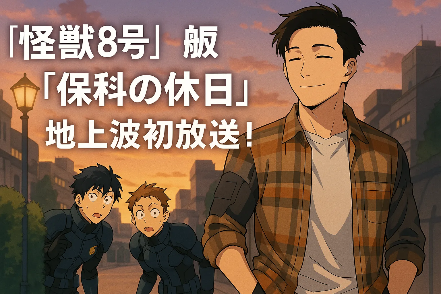 『怪獣8号』番外編「保科の休日」地上波初放送を告知するアニメ風のイラスト。夕暮れの街中で私服姿の保科が穏やかに微笑み、背後では隊服姿のレノと伊春が物陰からこっそり様子をうかがっている様子が描かれている。画面左上には「『怪獣8号』番外『保科の休日』地上波初放送！」の文字入り。