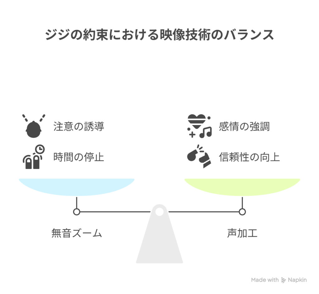 [ジジの善意ある約束] → [無音＋ズーム＋声加工] → [視聴者に「契約成立」の錯覚を植え付ける]を表現した図