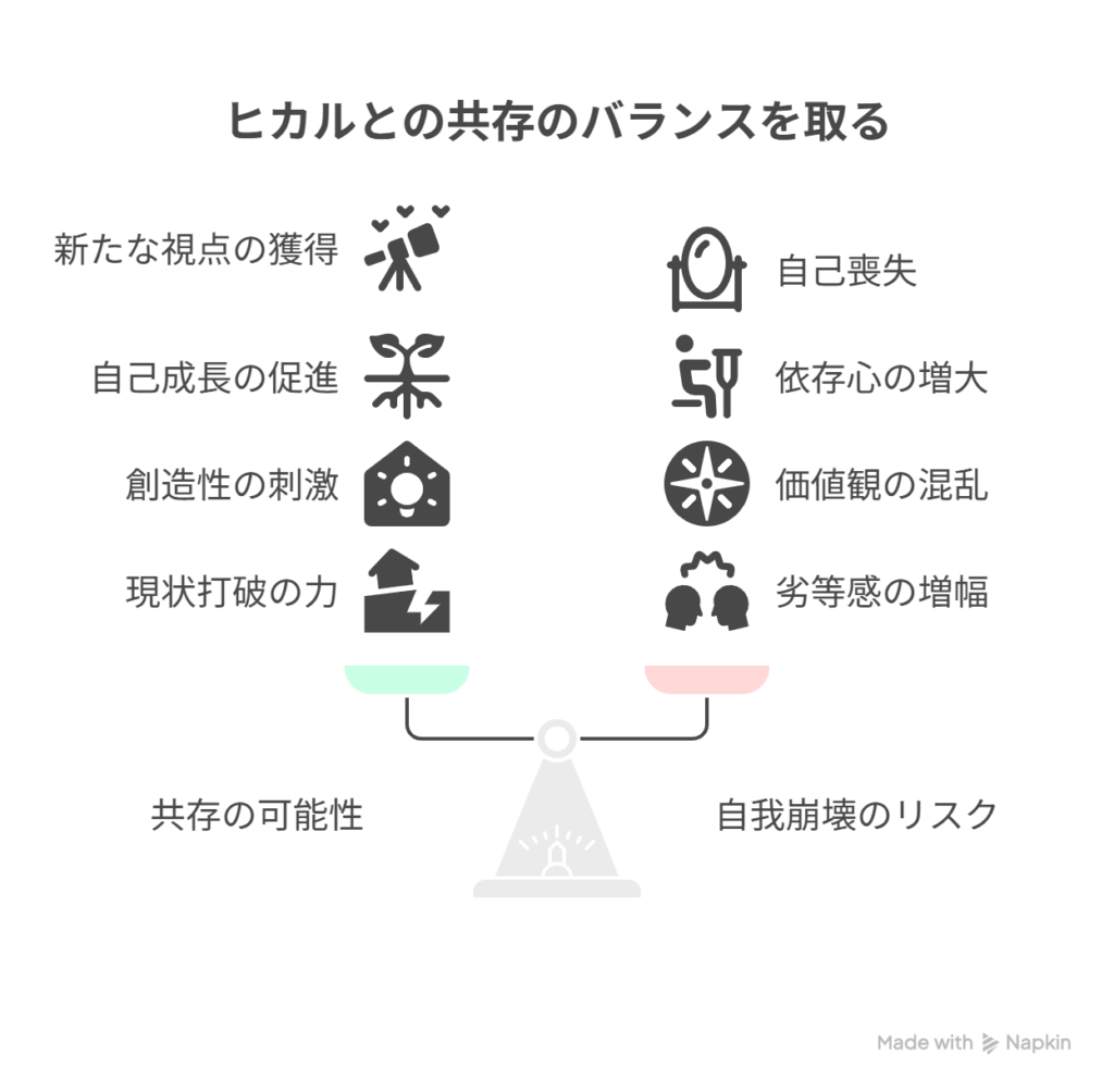 [ヒカルとの共存] → [自我の崩壊という代償]を表現した図