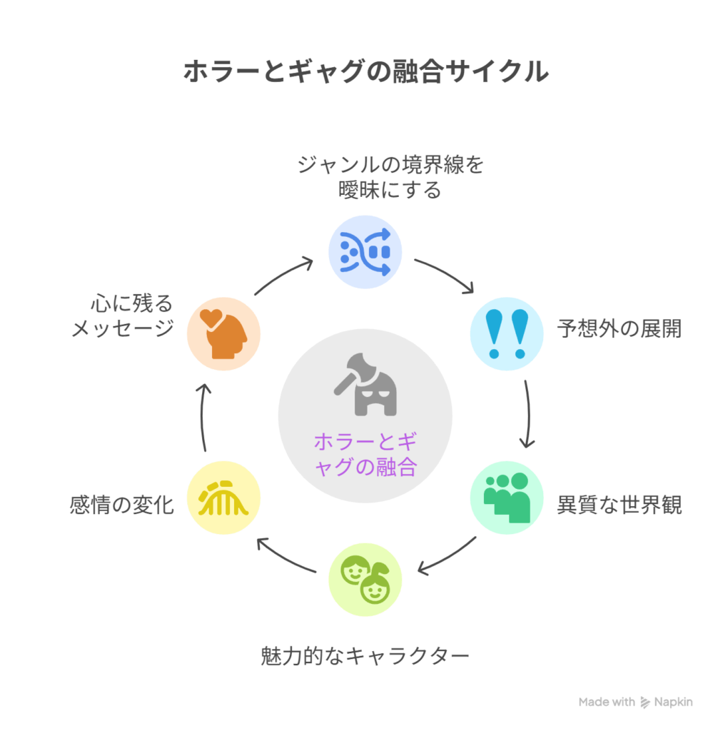 [通常のジャンル感覚を持って視聴] → [ホラーとギャグが融合した異空間に迷い込む] - [笑いを期待していた視聴者] → [怖さの中に“何か心に残るもの”を持ち帰る]を表現した図