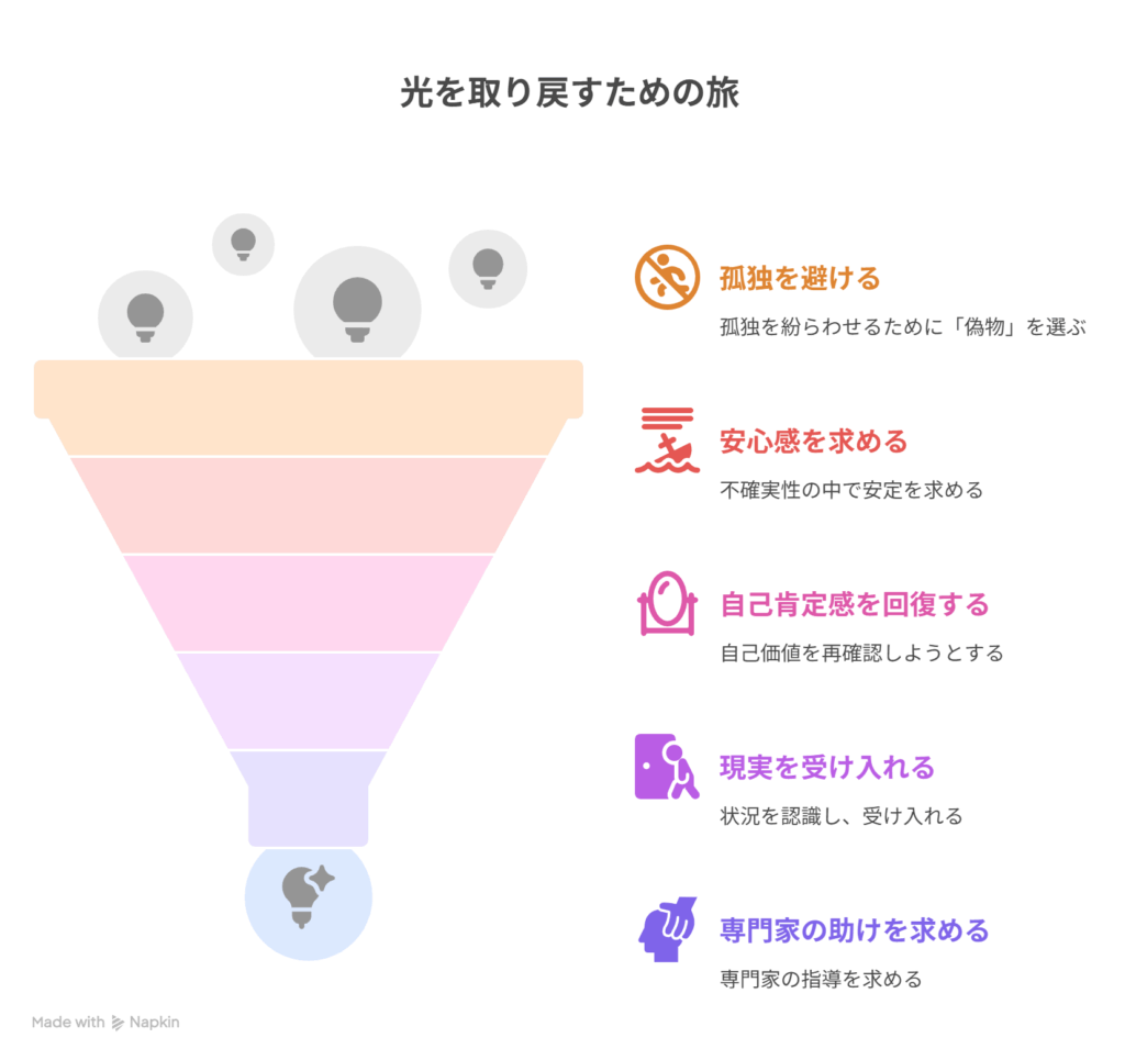 [光を失った現実の苦しみ] → [“偽物”でも一緒にいることを選ぶ]を表現した図