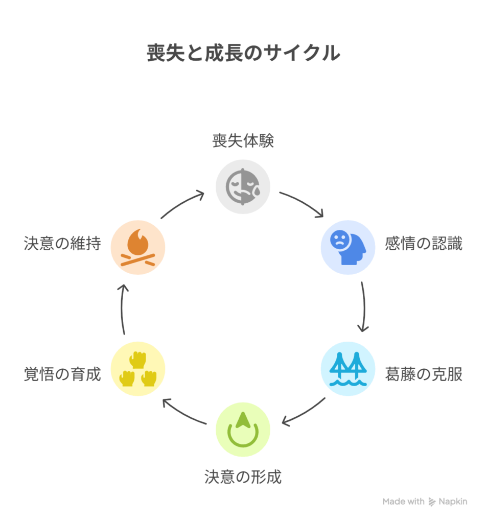 [喪失と葛藤] →  [決意と覚悟]を表現した図