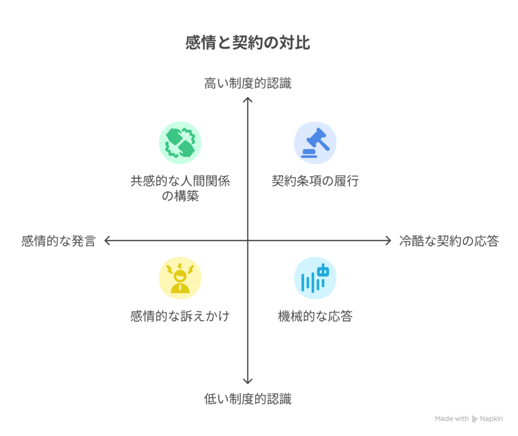 [感情ある発言] → [冷酷な契約の応答] → [視聴者が言葉の制度性に気づく]を表現した図