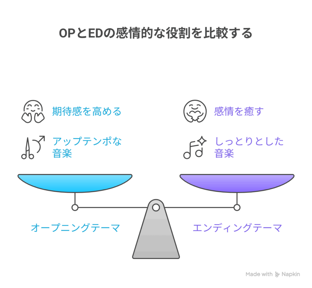 [感情を持て余した視聴者] → [OPとEDに気持ちを代弁されて救われる]を表す図解