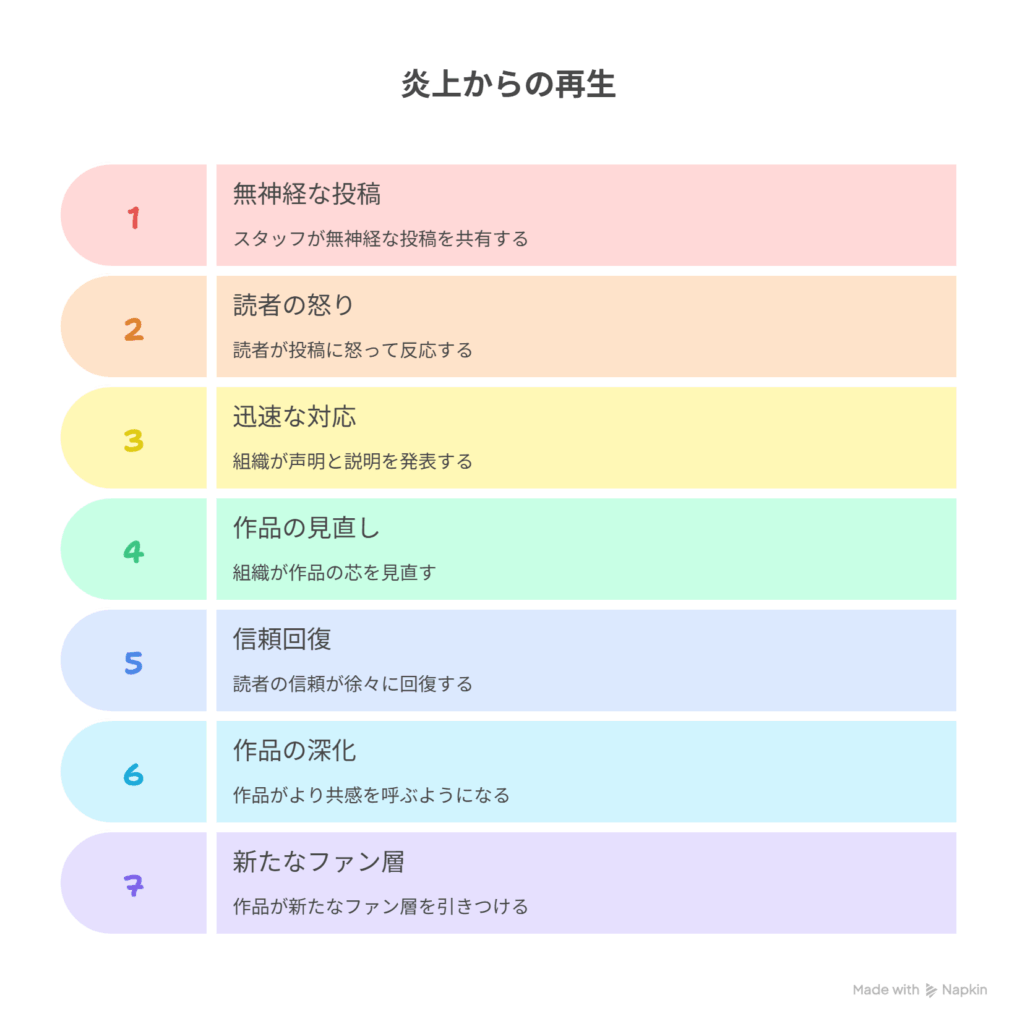 炎上 [スタッフの無神経な投稿] → 不信感拡大 [読者の怒り] - 対応 [迅速な声明・説明] → 結果 [作品の芯を見直す機会に]を表現した図
