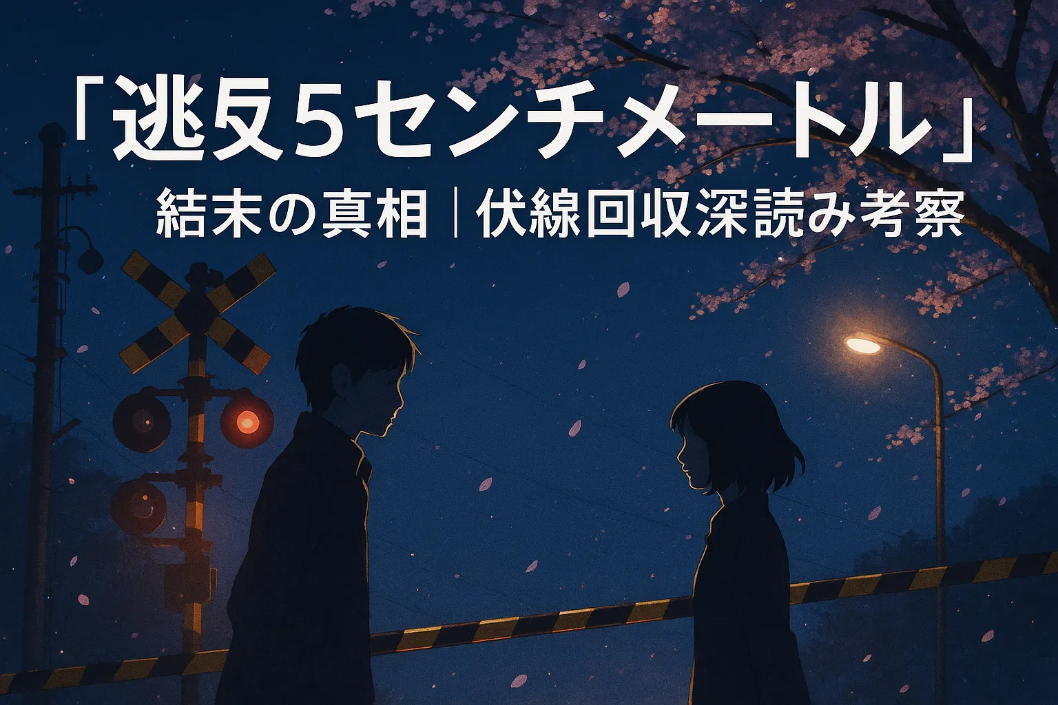 夜の踏切を背景に、男女が向かい合うように立つシルエットを描いたデジタルイラスト。背景には満開の桜と舞い散る花びら、赤く光る踏切のランプ、街灯の柔らかな光が映える。全体は青を基調とした切なく静かな雰囲気で、上部には「『秒速5センチメートル』結末の真相｜伏線回収と深読み考察」というタイトル文字が配置されている。