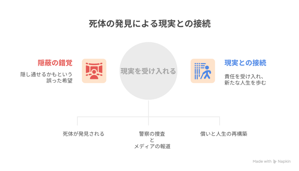 [まだ隠し通せるかもという錯覚] → [死体の発見によって世界と接続される現実]を表現した図