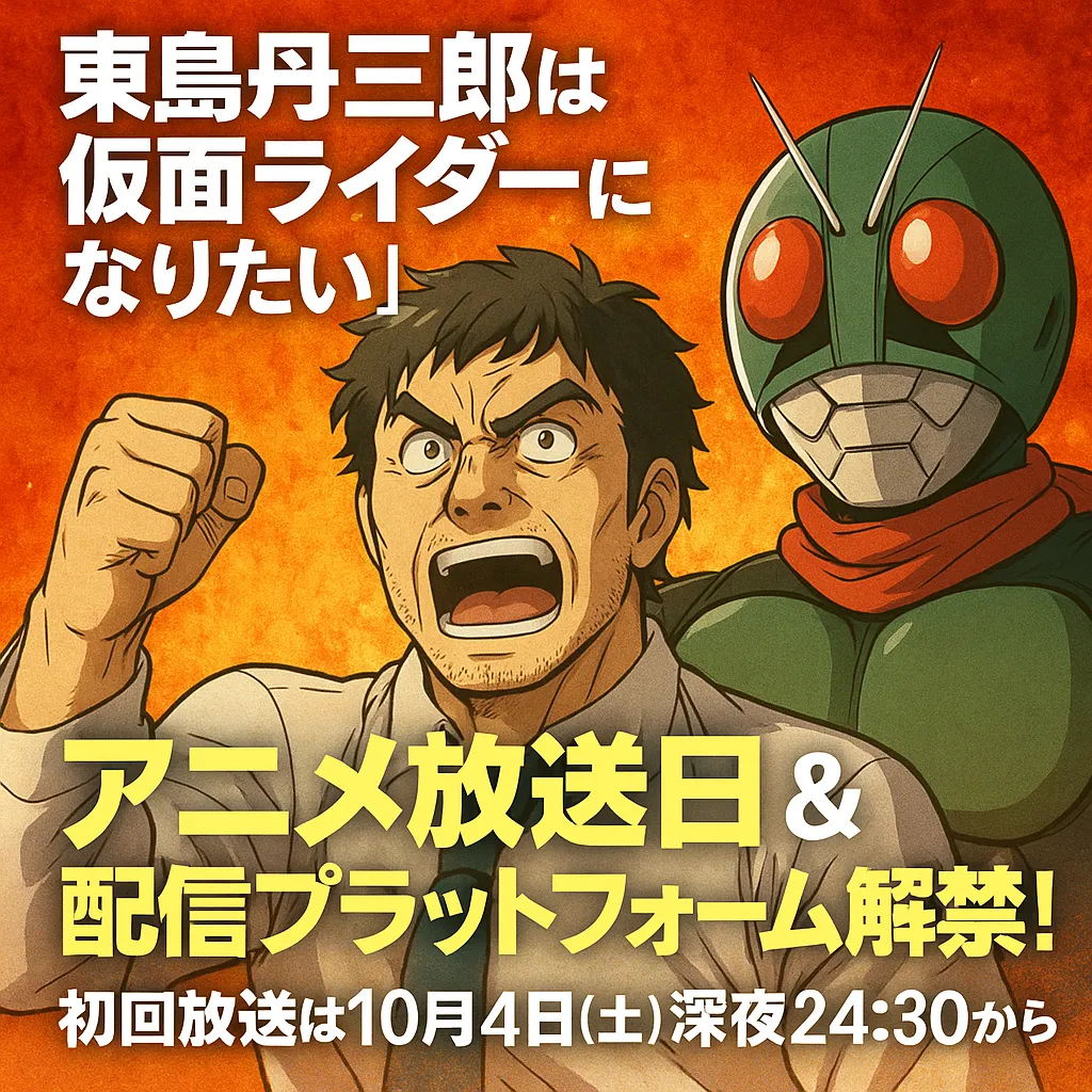 東島丹三郎は仮面ライダーになりたい』アニメ放送日&配信情報解禁! 主人公・東島丹三郎が拳を握りしめて叫ぶ姿と、背後に立つ仮面ライダー風のヒーローが描かれたアイキャッチ画像。初回放送は10月4日(土)深夜24:30から。