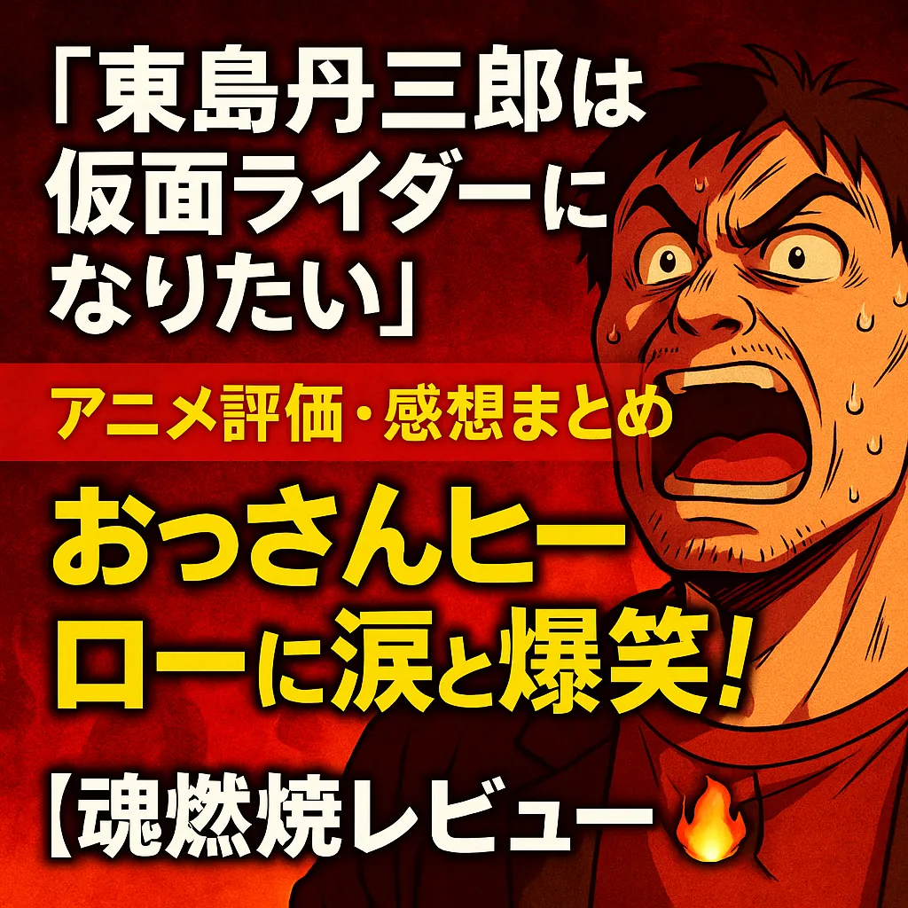 『東島丹三郎は仮面ライダーになりたい』アニメ評価・感想まとめ|おっさんヒーローに涙と爆笑! 汗を流しながら叫ぶ東島丹三郎の迫力ある表情と、炎のような背景が印象的なアイキャッチ画像。魂燃焼レビューをイメージした熱量あふれるデザイン。