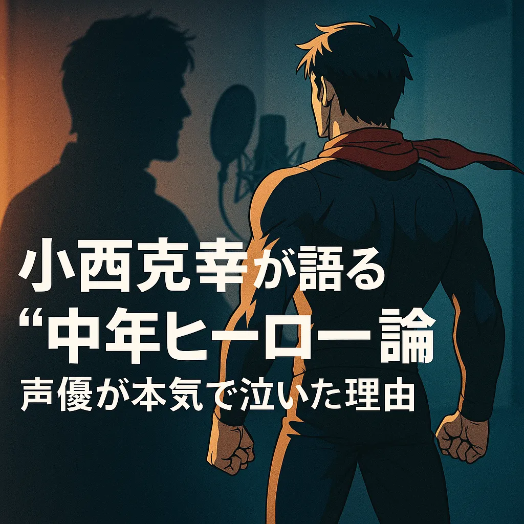 『東島丹三郎は仮面ライダーになりたい』特集アイキャッチ画像|アニメ風の東島丹三郎が背中で立ち、背後に声優・小西克幸を象徴する人物のシルエット。アフレコマイクの前に差し込む光が二人を包み、現実とフィクションが交錯する“魂の瞬間”を描いたビジュアル。