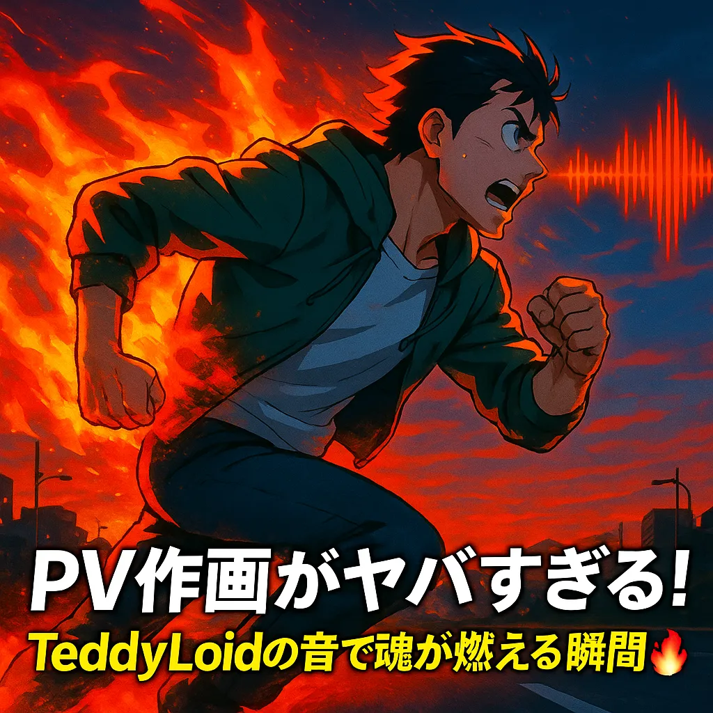 『東島丹三郎は仮面ライダーになりたい』PV感想アイキャッチ画像|炎を背負って夜明けの街を全力で走る東島丹三郎。背後にはTeddyLoidの音を象徴する赤い音波が響き、燃え上がる空とともに魂が爆発する瞬間を描いた熱量MAXのビジュアル。
