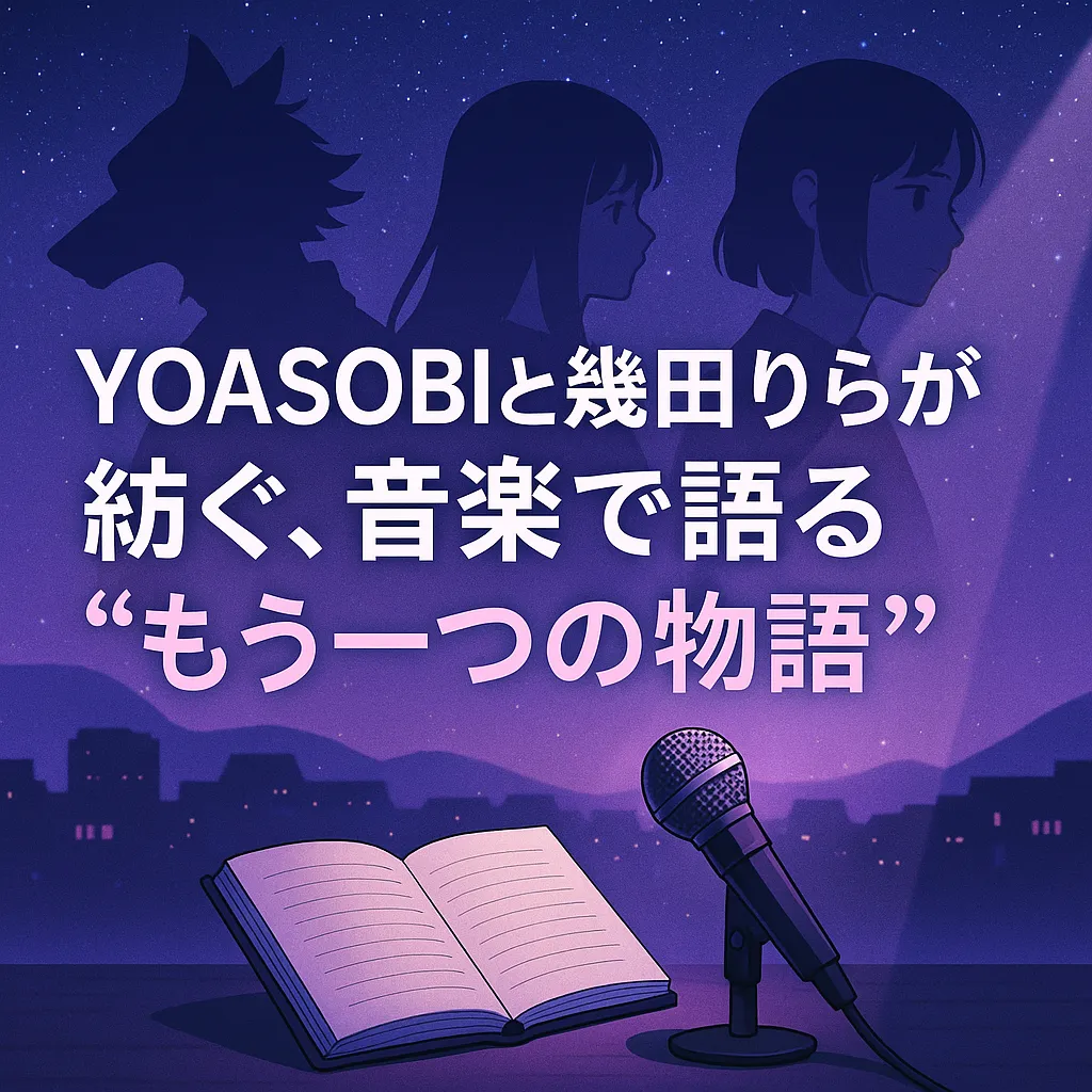 YOASOBIと幾田りらが音楽で語る“もう一つの物語”をテーマにしたアイキャッチ画像。夜空と街並みを背景に、レゴシやフリーレン、猫猫を想起させるシルエットが浮かび上がり、手前にはマイクと開かれたノートがスポットライトに照らされている。タイトル文字が中央に大きく配置され、幻想的な雰囲気を演出している。